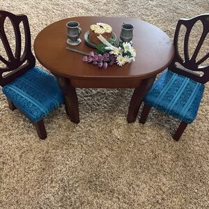 American Girl Brown Dining Set with Blue Cushions